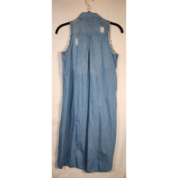 BCBG Blue Denim Distressed Dress Size XS Sleeveless Fray Pocket Button-Up Hi Low - Picture 5 of 10